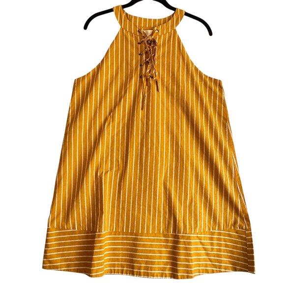 J.O.A Yellow Striped Halter Neck Criss Cross Tie Front Mini Dress Size L Cotton - Picture 3 of 8